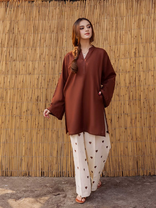 Heart Printed Flapper with V-Neck Shirt 2PCs Set By Zhilaksha Pk 🌙✨