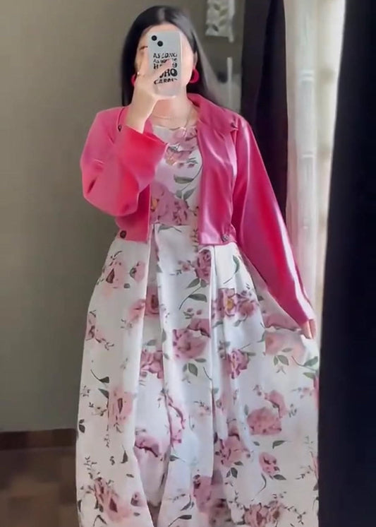 Digital Floral Sleeveless Maxi Dress with Cotton Koti Set (2-Piece)