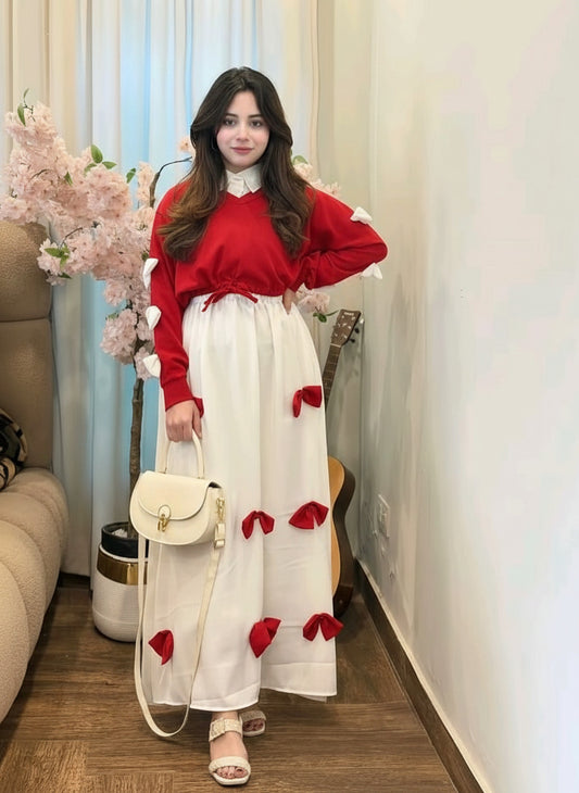 Elegant Bow- Attached Maxi Frock With Top 2Piece Set-