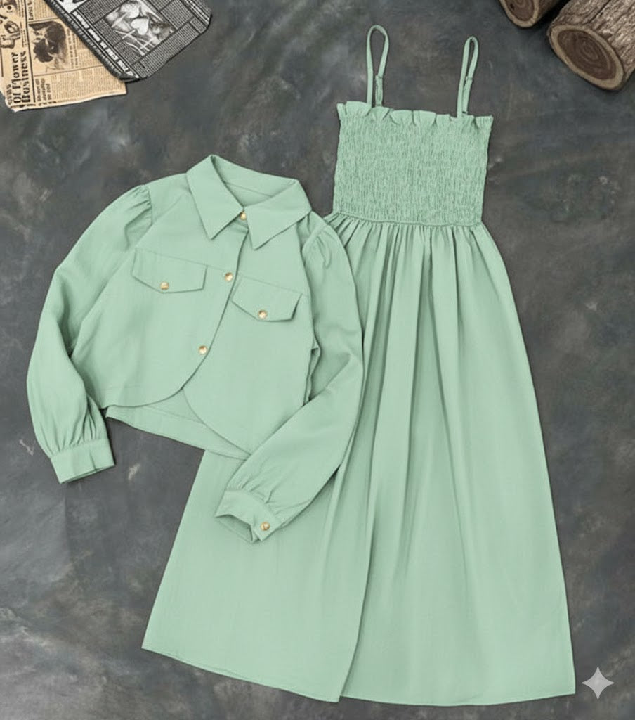 Kaaj Button Two Piece Coati & Gazzer Romper Frock Set