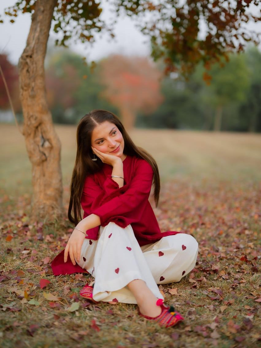 Heart Printed Flapper with V-Neck Shirt 2PCs Set By Zhilaksha Pk 🌙✨