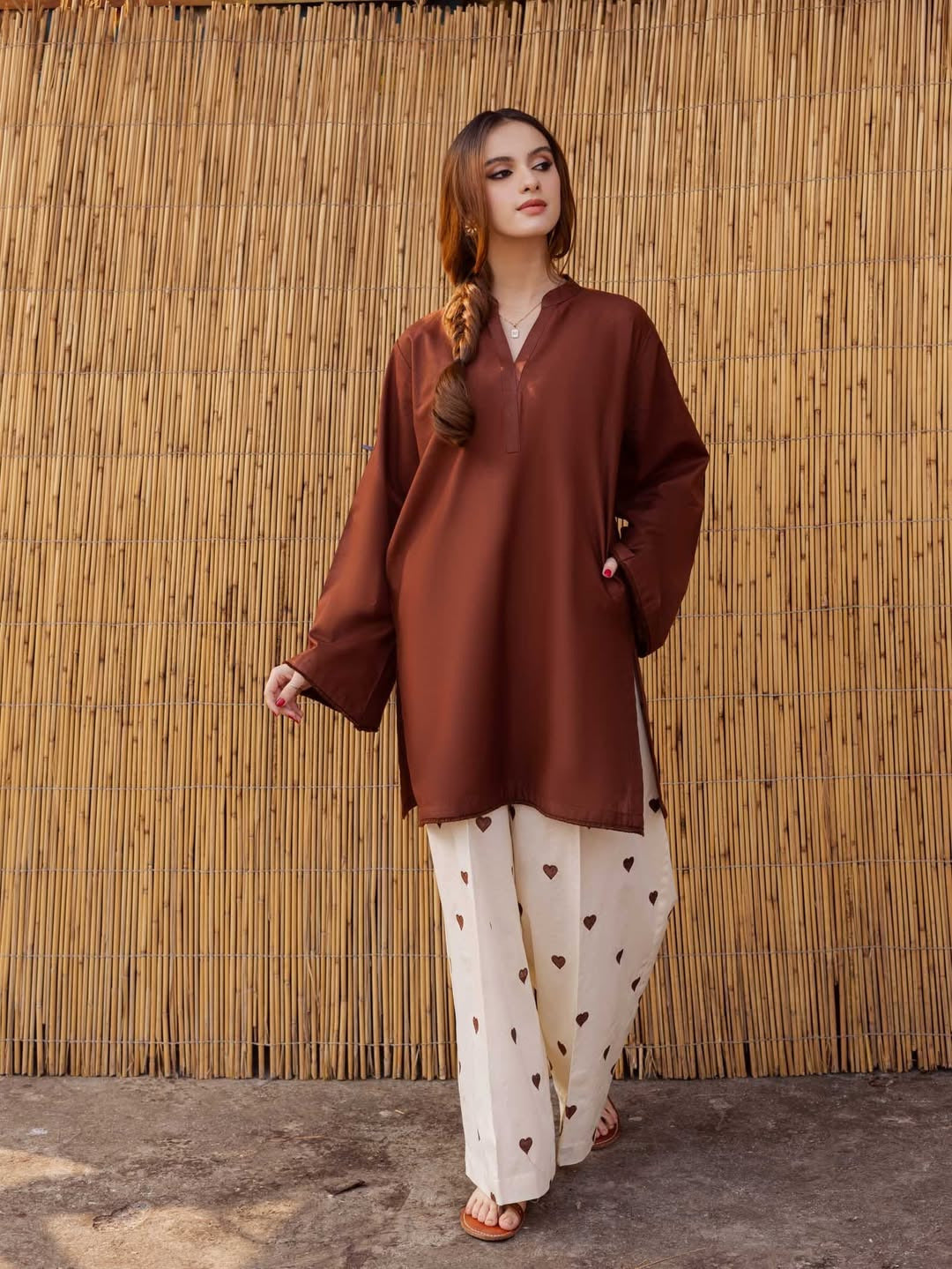 Heart Printed Flapper with V-Neck Shirt 2PCs Set By Zhilaksha Pk 🌙✨