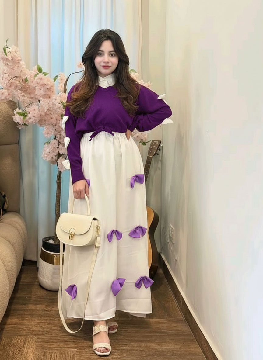 Elegant Bow- Attached Maxi Frock With Top 2Piece Set-