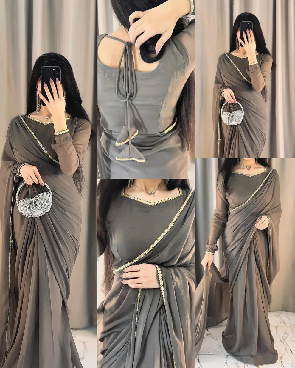 Zhilaksha-Lace Work Chiffon Saree Stitched