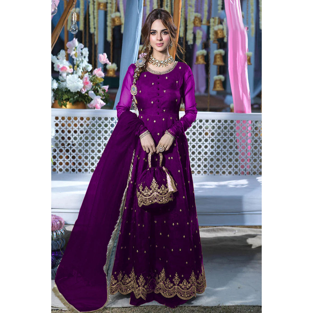 Front Embroidered Maxi With Emb Potli and Trouser and Lace work Dupatta 4PCs