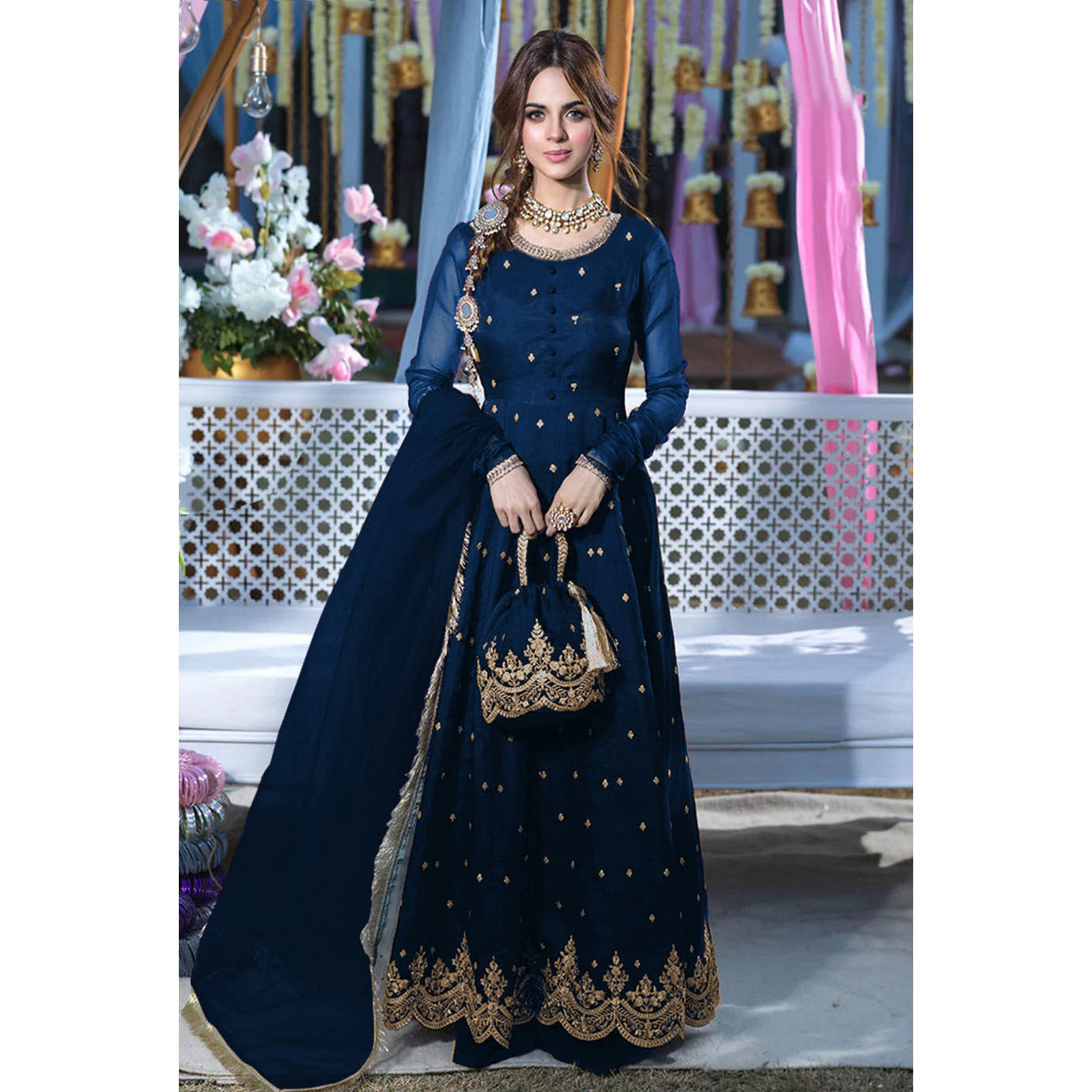 Front Embroidered Maxi With Emb Potli and Trouser and Lace work Dupatta 4PCs