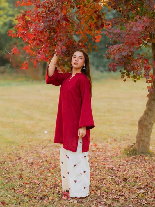 Heart Printed Flapper with V-Neck Shirt 2PCs Set By Zhilaksha Pk 🌙✨