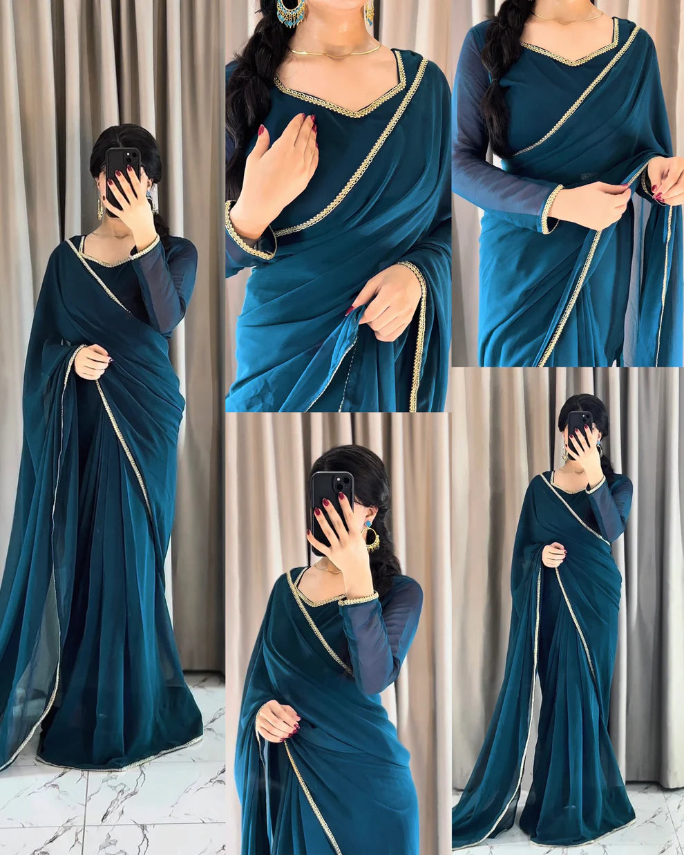 Zhilaksha-Lace Work Chiffon Saree Stitched