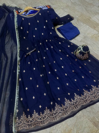 Front Embroidered Maxi With Emb Potli and Trouser and Lace work Dupatta 4PCs