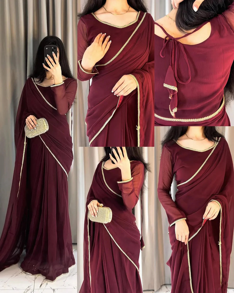 Zhilaksha-Lace Work Chiffon Saree Stitched