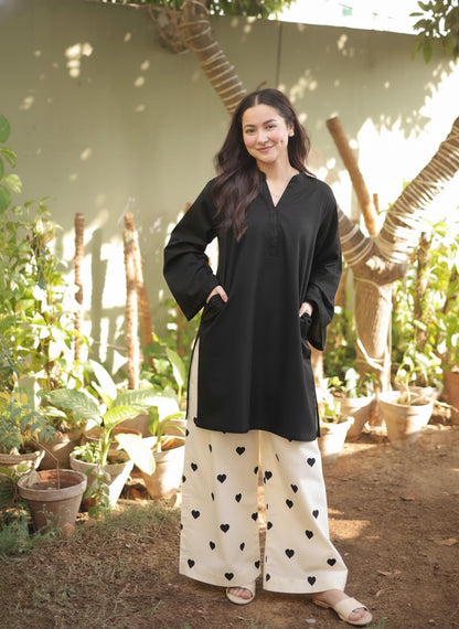 Heart Printed Flapper with V-Neck Shirt 2PCs Set By Zhilaksha Pk 🌙✨