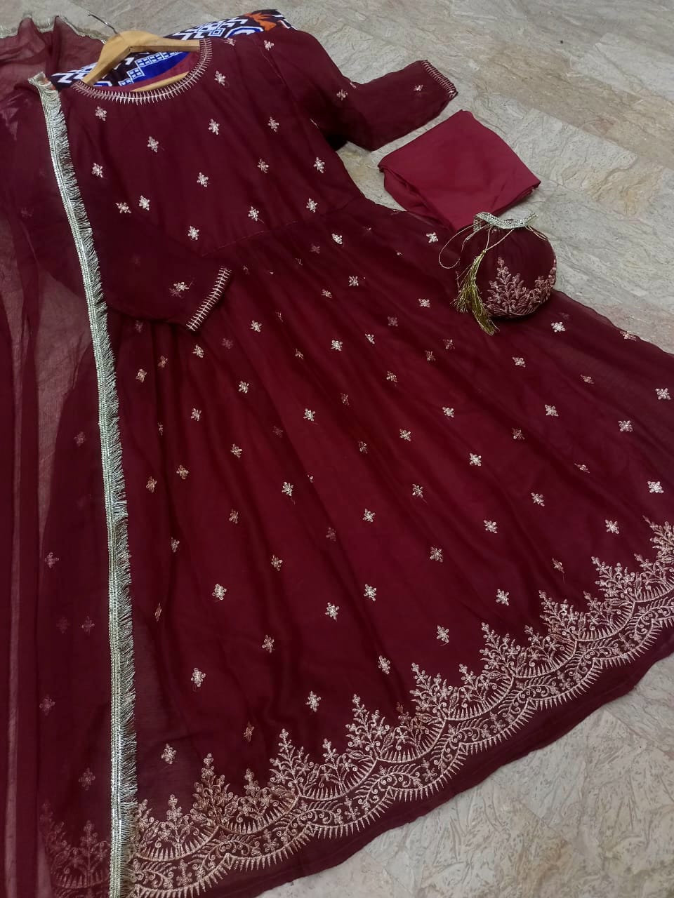 Front Embroidered Maxi With Emb Potli and Trouser and Lace work Dupatta 4PCs