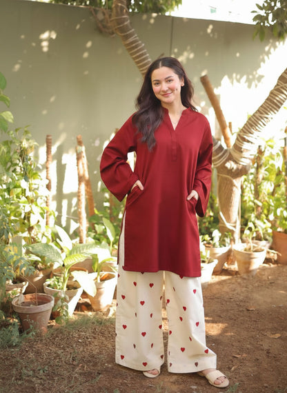 Heart Printed Flapper with V-Neck Shirt 2PCs Set By Zhilaksha Pk 🌙✨