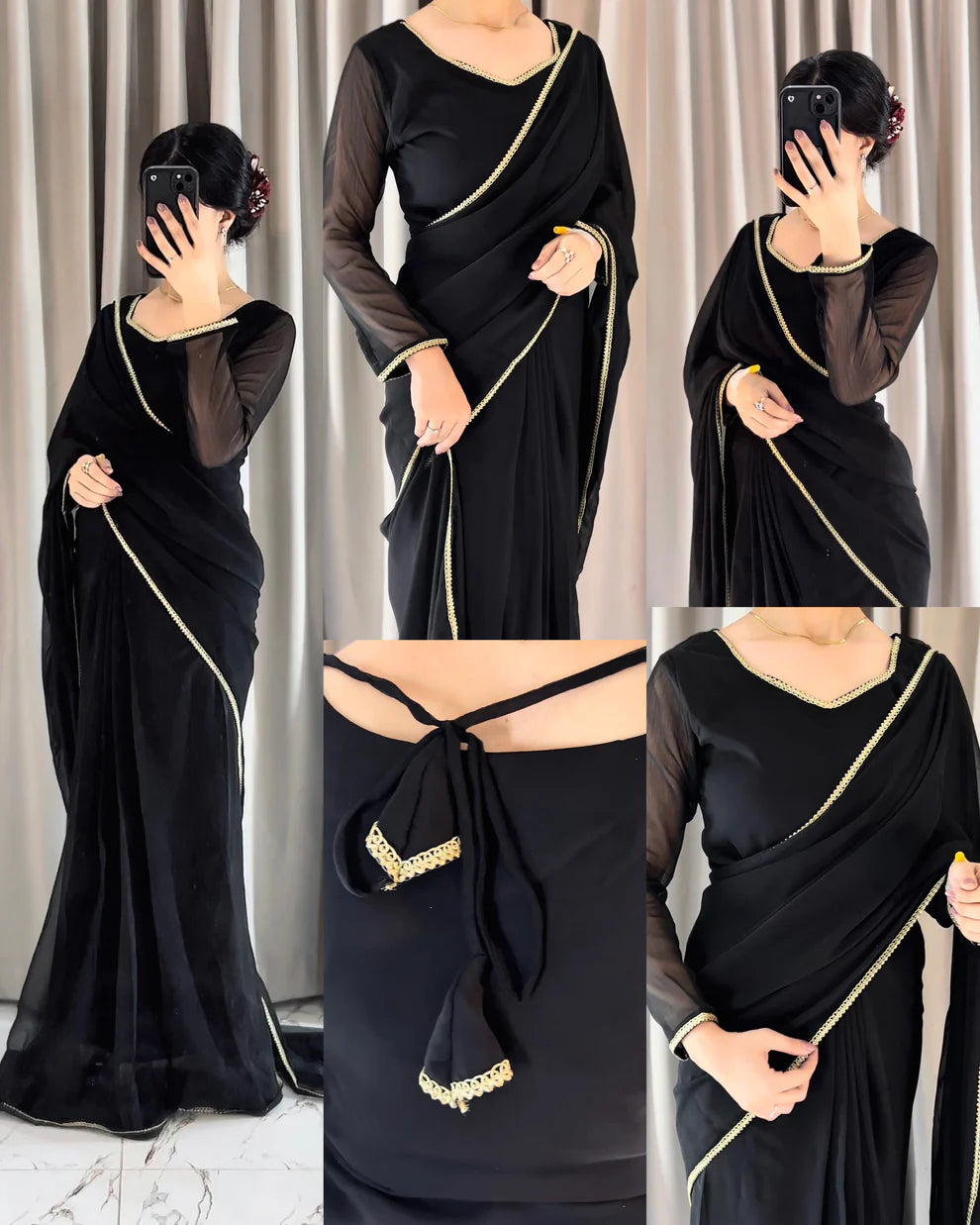 Zhilaksha-Lace Work Chiffon Saree Stitched
