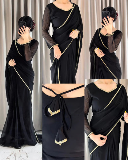 Zhilaksha-Lace Work Chiffon Saree Stitched