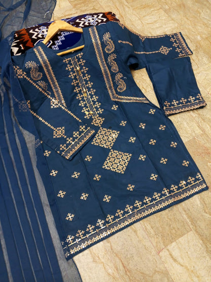 Luxurious 3PCs Bareeza Cotton Suit with Heavy Sequence Embroidery