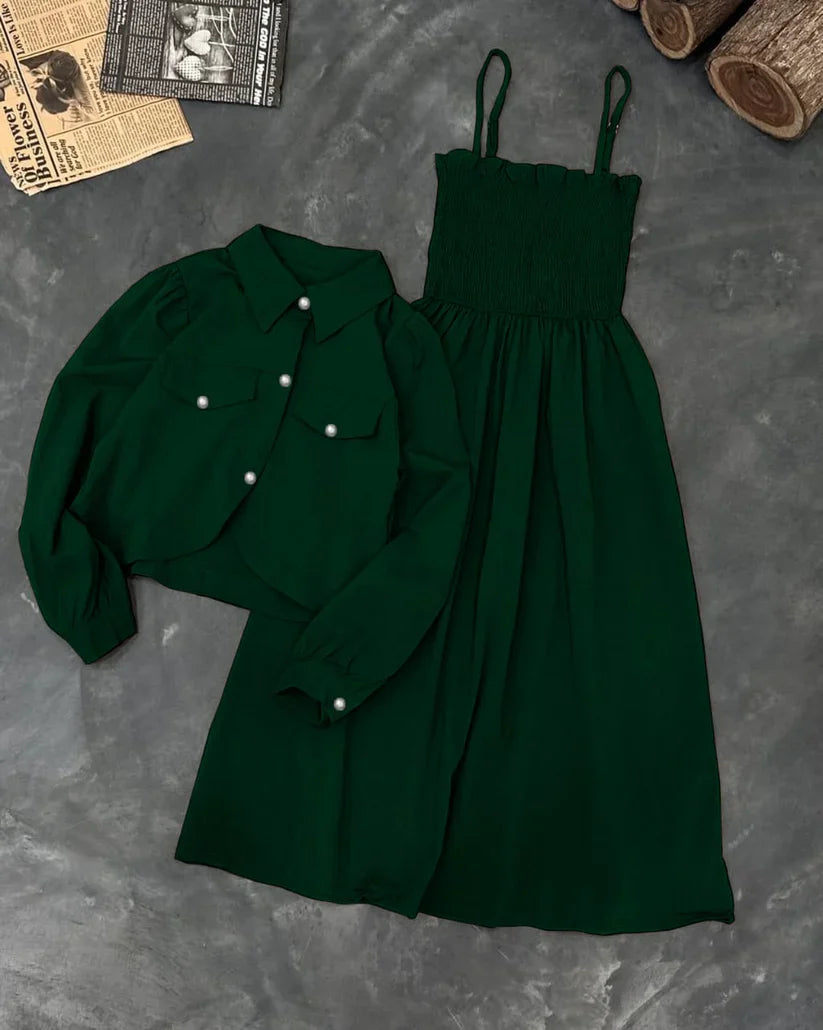 Kaaj Button Two Piece Coati & Gazzer Romper Frock Set