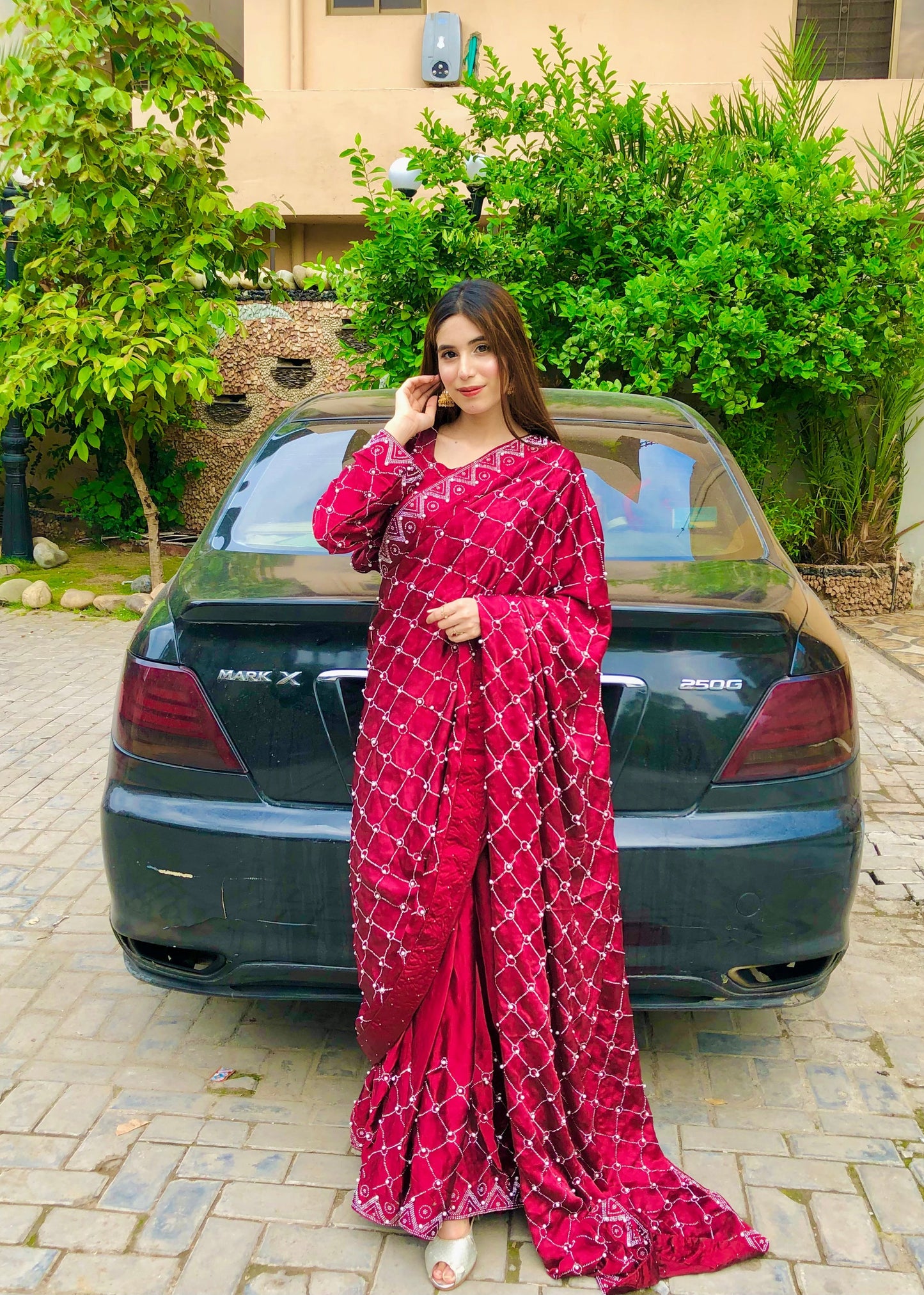 Stitched Shamoz Silk Saree with Pearl & Stone Work