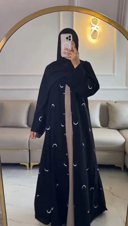 Crescent Moon Embroidered Abaya Set - Premium Double Georgette with Matching Stole