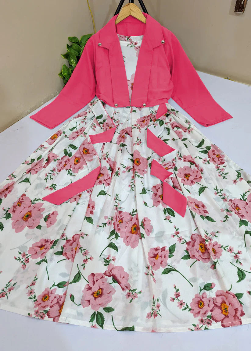 Digital Floral Sleeveless Maxi Dress with Cotton Koti Set (2-Piece)
