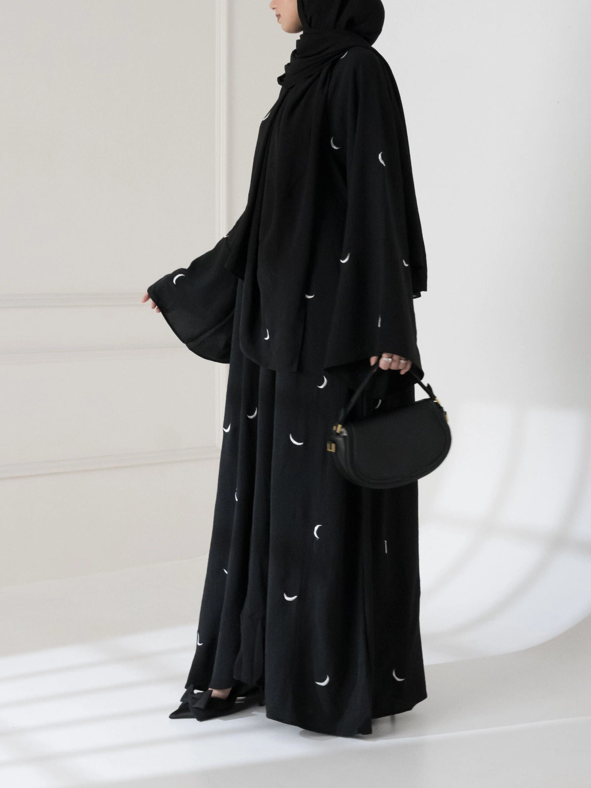 Crescent Moon Embroidered Abaya Set - Premium Double Georgette with Matching Stole