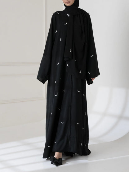 Crescent Moon Embroidered Abaya Set - Premium Double Georgette with Matching Stole
