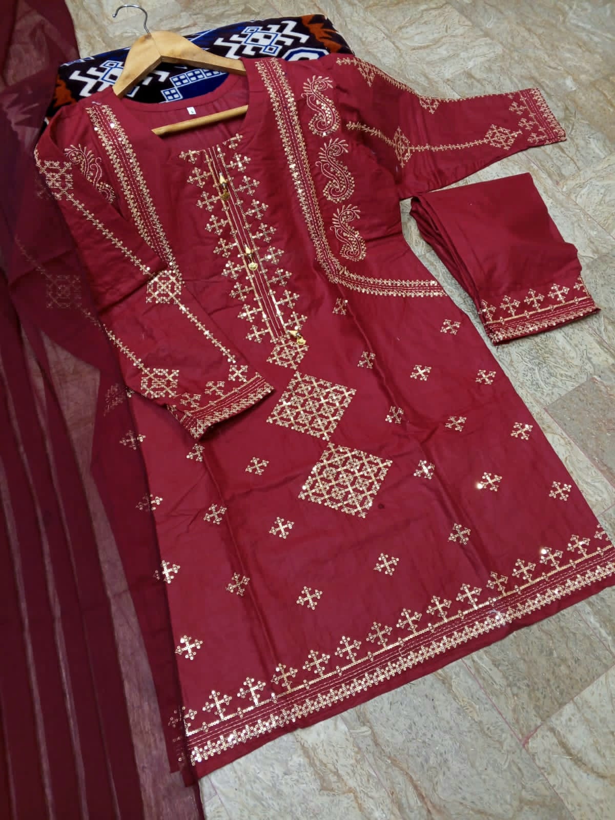 Luxurious 3PCs Bareeza Cotton Suit with Heavy Sequence Embroidery