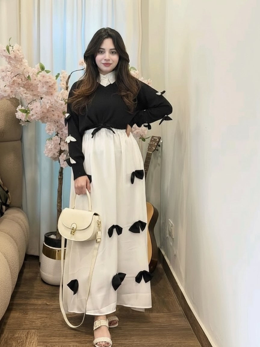 Elegant Bow- Attached Maxi Frock With Top 2Piece Set-