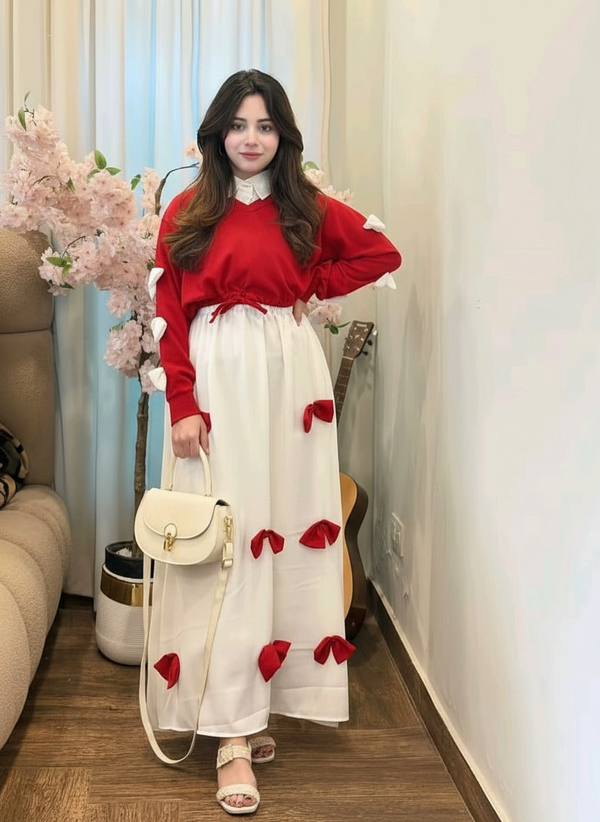 Elegant Bow- Attached Maxi Frock With Top 2Piece Set-