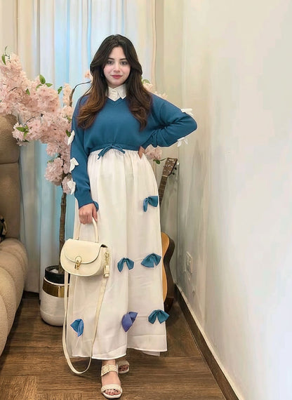 Elegant Bow- Attached Maxi Frock With Top 2Piece Set-