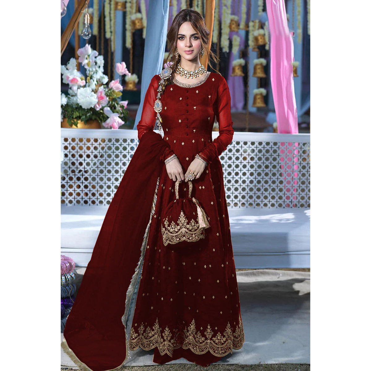 Front Embroidered Maxi With Emb Potli and Trouser and Lace work Dupatta 4PCs