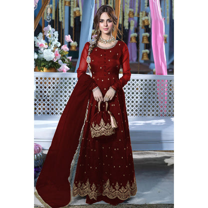 Front Embroidered Maxi With Emb Potli and Trouser and Lace work Dupatta 4PCs