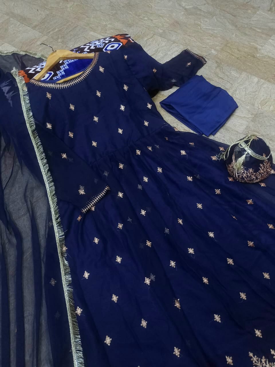 Front Embroidered Maxi With Emb Potli and Trouser and Lace work Dupatta 4PCs