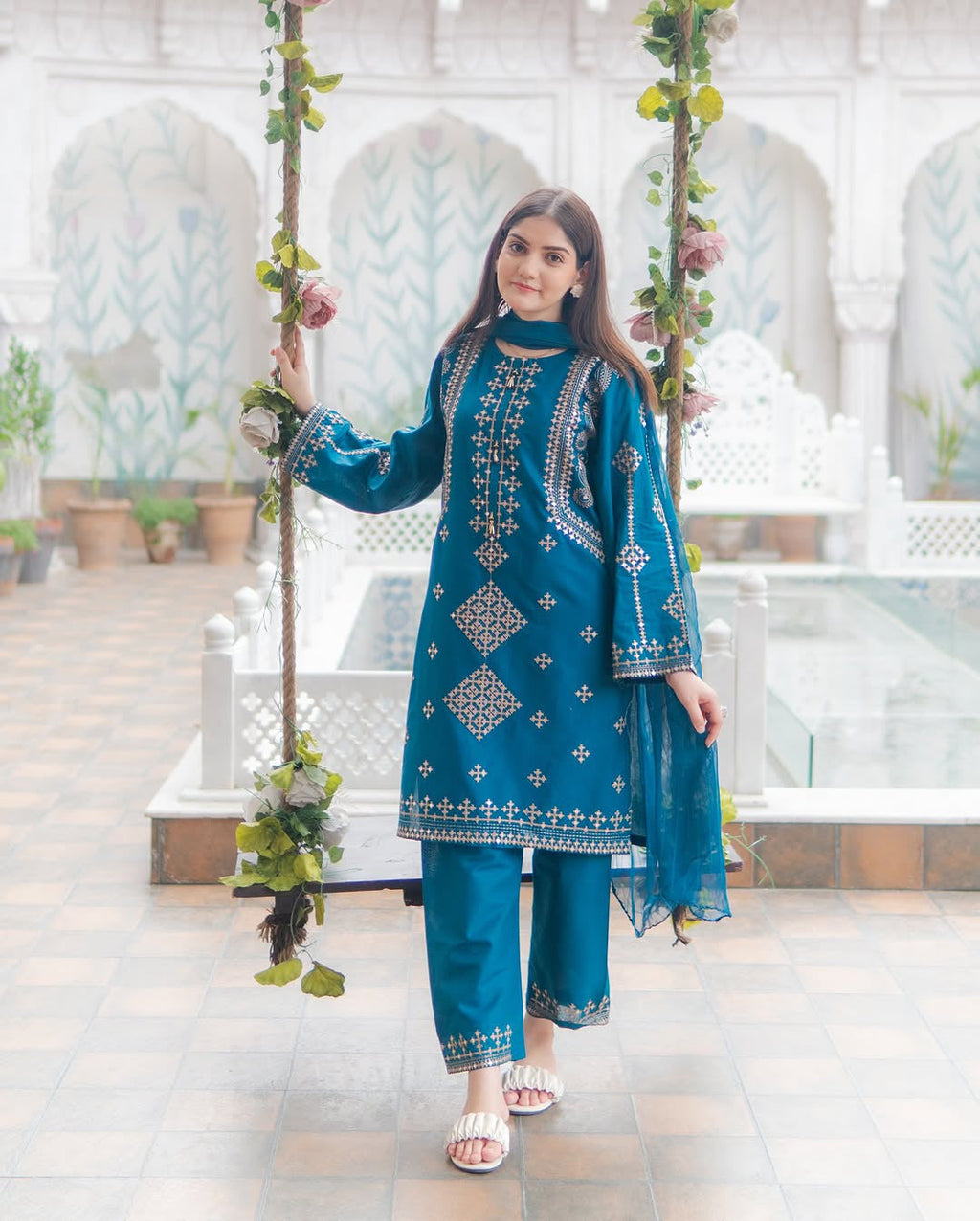 Luxurious 3PCs Bareeza Cotton Suit with Heavy Sequence Embroidery