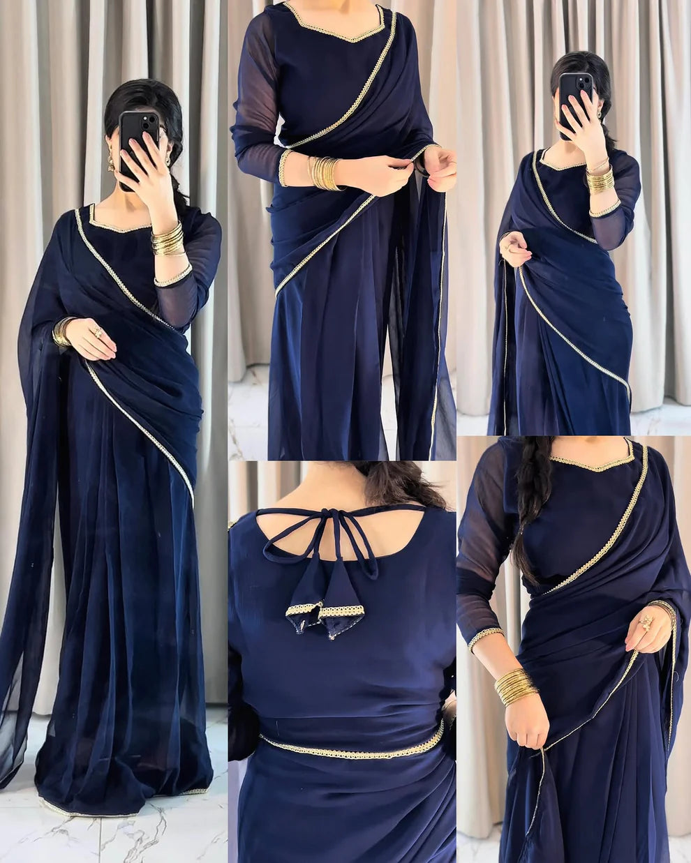 Zhilaksha-Lace Work Chiffon Saree Stitched