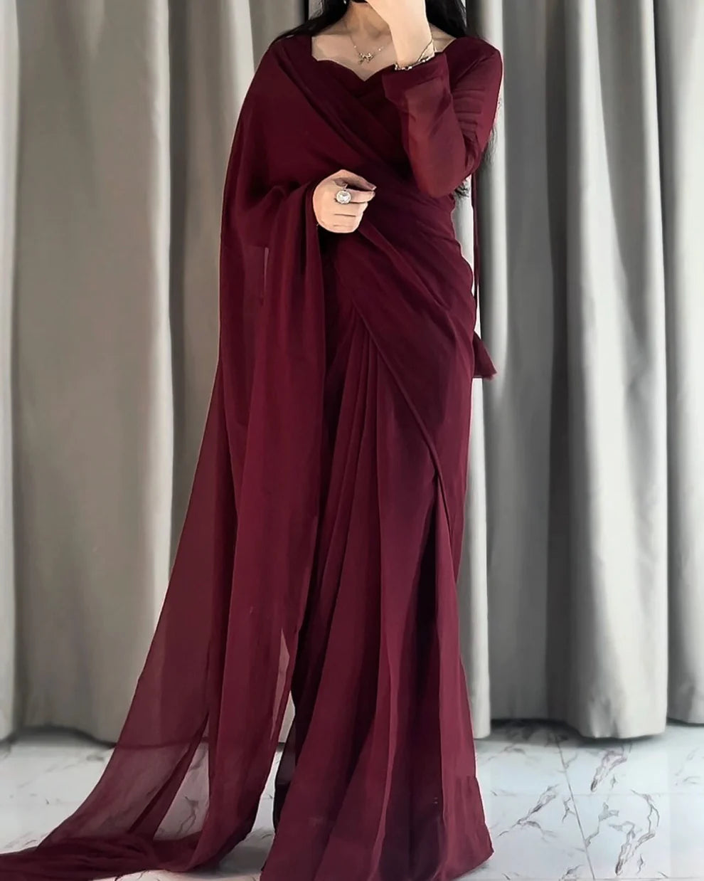 Plain Heart Shaped Neck Grace Signature With Dori Chiffon Saree