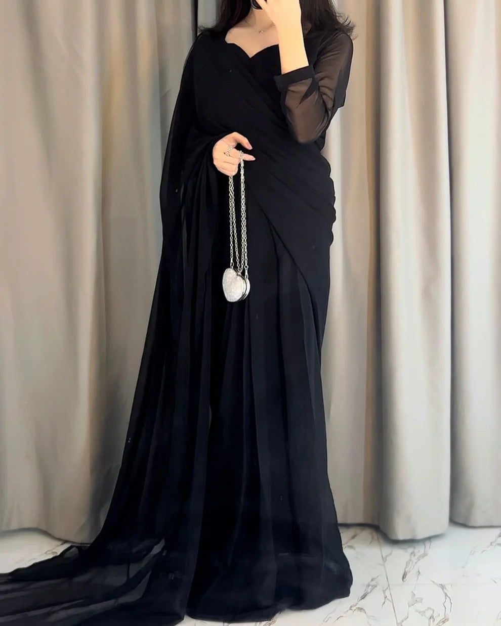 Plain Heart Shaped Neck Grace Signature With Dori Chiffon Saree