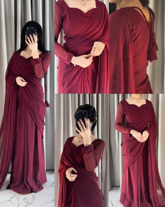 Plain Heart Shaped Neck Grace Signature With Dori Chiffon Saree
